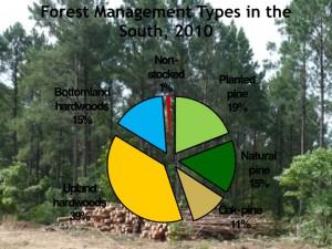 Proportion des grands types forestiers dans région "Sud" aux États-Unis en date de 2010 (Source: USDA Forest service, Forest Inventory and Analysis program) 