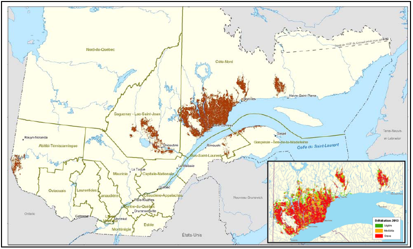 Extension de l'épidémie de la TBE au Québec en 2013 et défoliation sur la Côte-Nord (Source: présentation de M. L. Morneau - MRN)