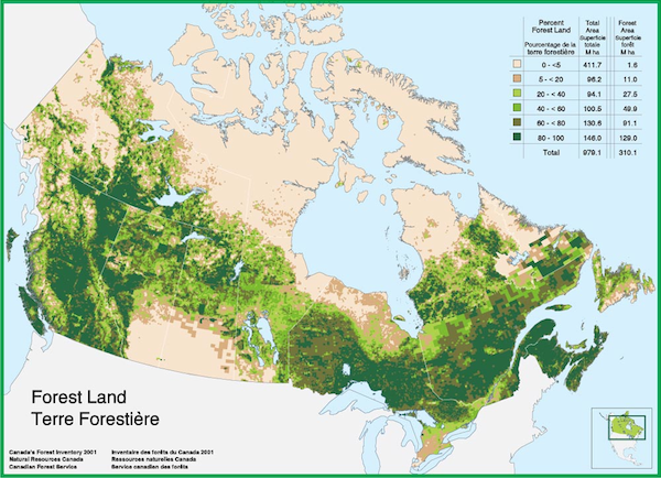 Les terrains forestiers au Canada en 2001 (Source: Inventaire forestier national du Canada)