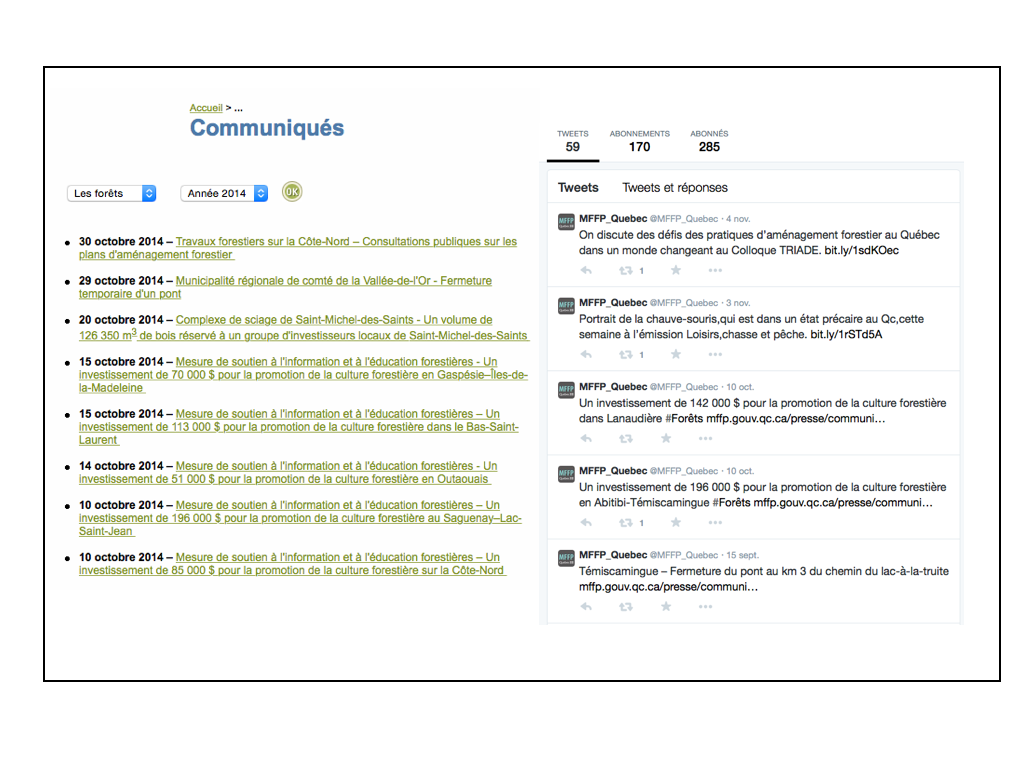 Image 1: Liste (non-exhautive) des communiqués officiels et des tweets (gazouillis) du MFFP en date du 7 novembre 2014 (montage: E. Alvarez)