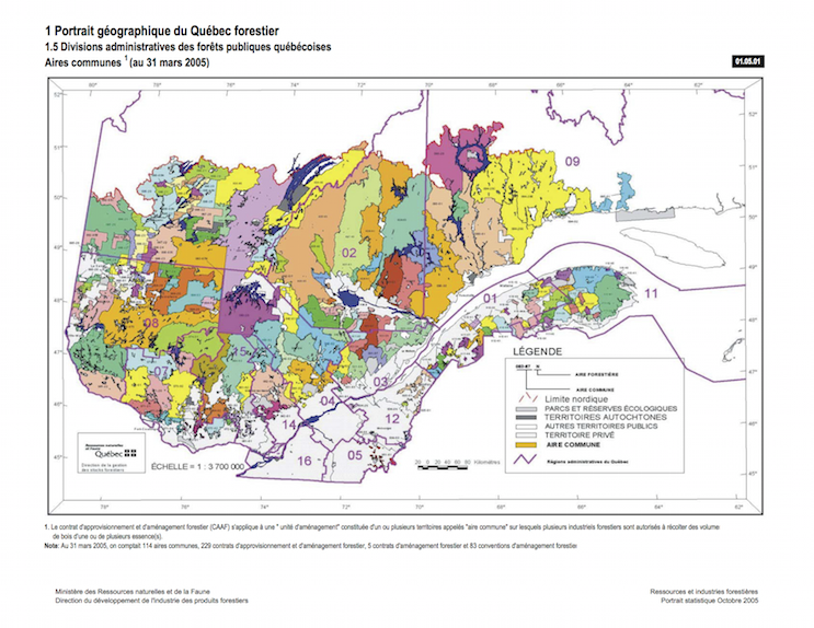 Figure: Délimitations des 114 aires communes au Québec en date du 31 mars 2005 (Source). 