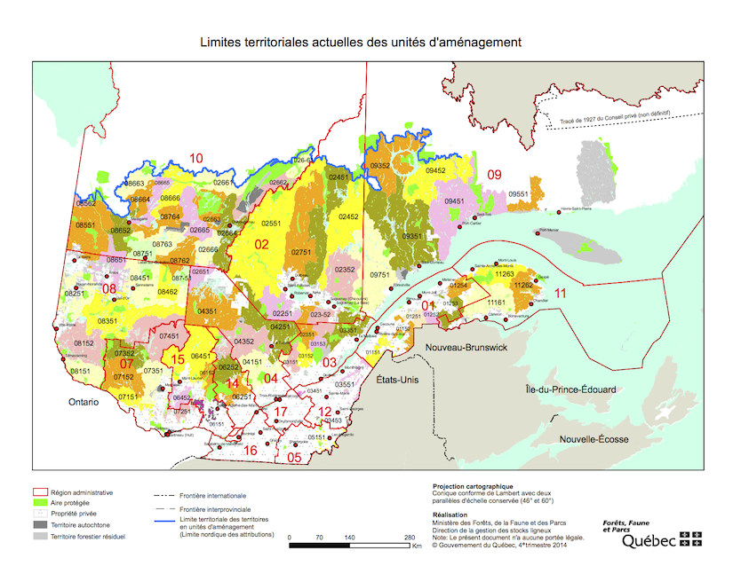 Figure: Délimitations des 71 Unités d'aménagement forestier (UAFs) au Québec en 2015 (Source). 