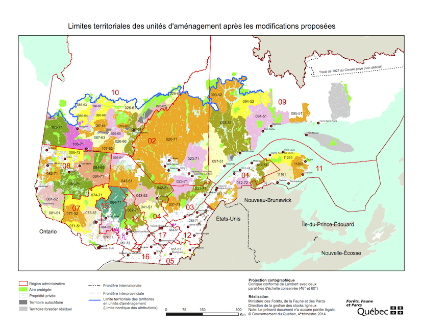 Figure: Délimitations proposées des 55 Unités d'aménagement forestier (UAFs) au Québec en 2018 (Source). 