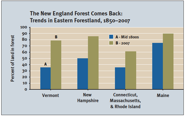 Évolution couvert forestier six États américains, milieu des années 1800 et en 2007