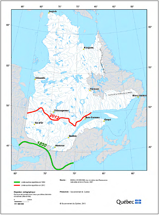 Carte limite répartition caribou forestier 1850 et 2012