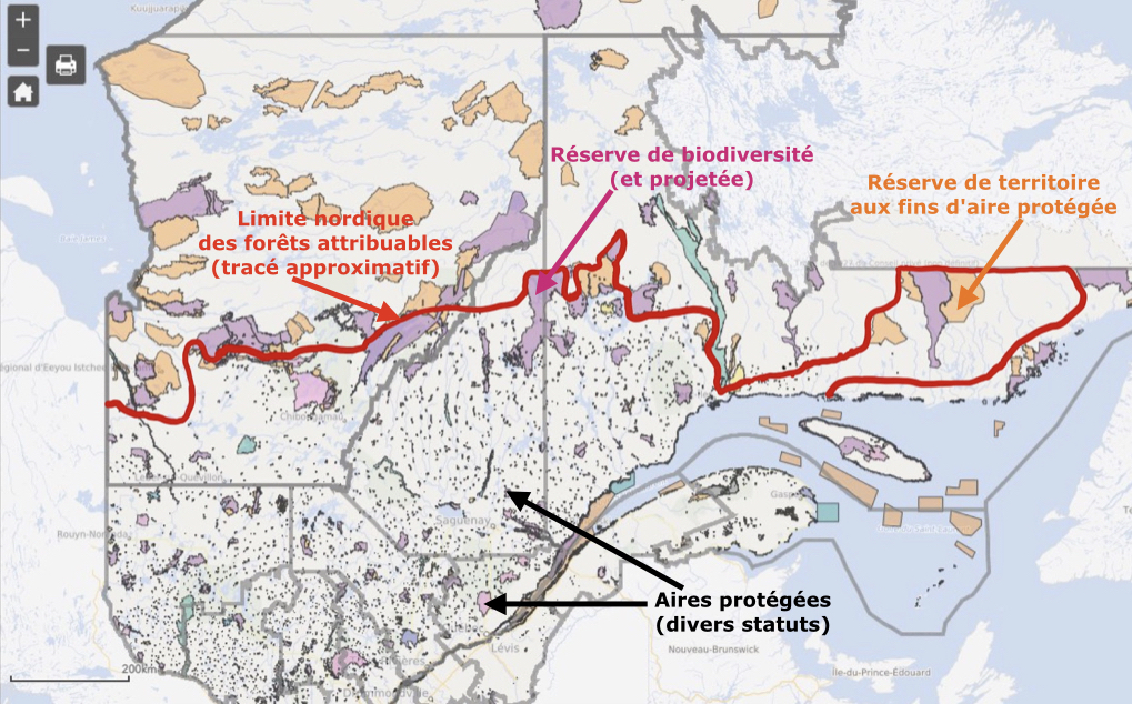 Aires protégées actuelles et projetées au Québec.