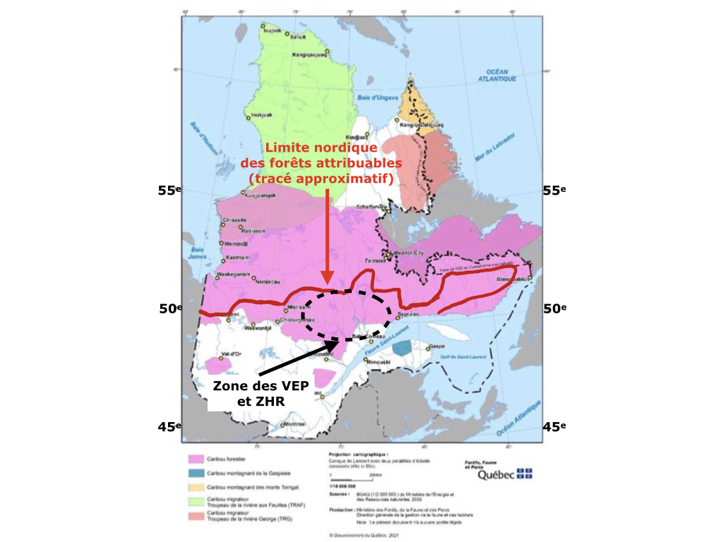 Localisation des aires de répartitions des caribous au Québec.