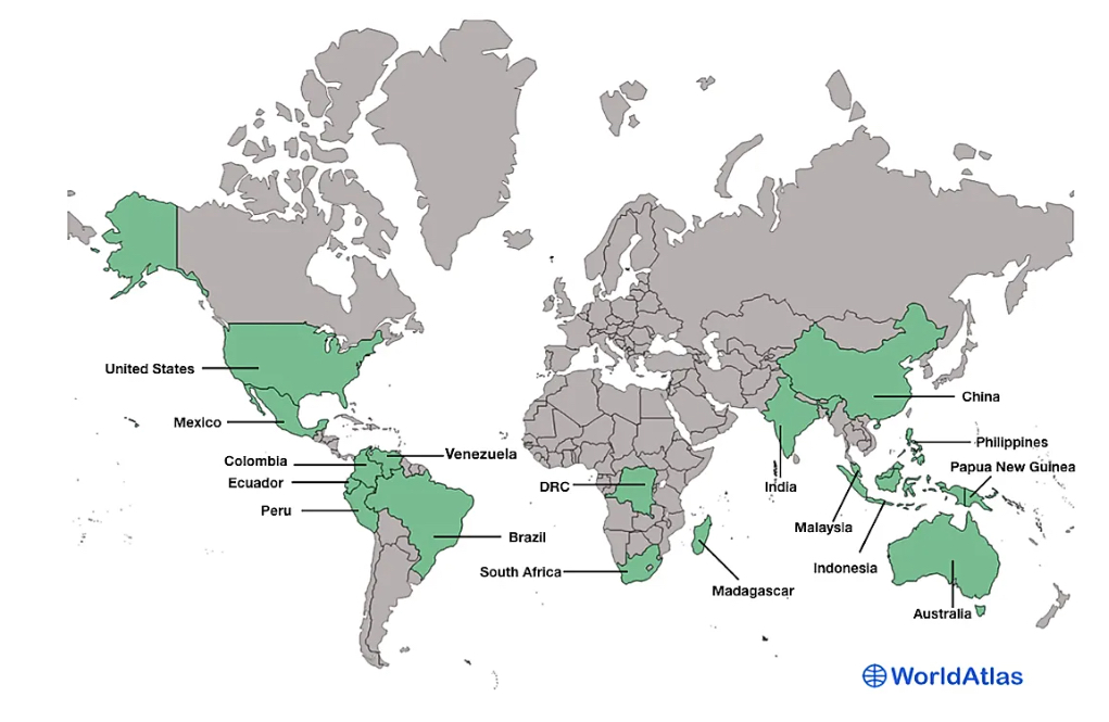 Les 17 « megadiverse countries » (Source)