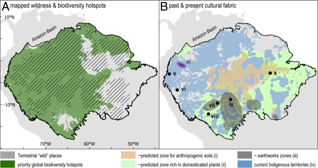 Superposition des territoires sauvages et des « hotspots » de biodiversité dans le bassin amazonien en parallèle à l’historique de l’occupation humaine
